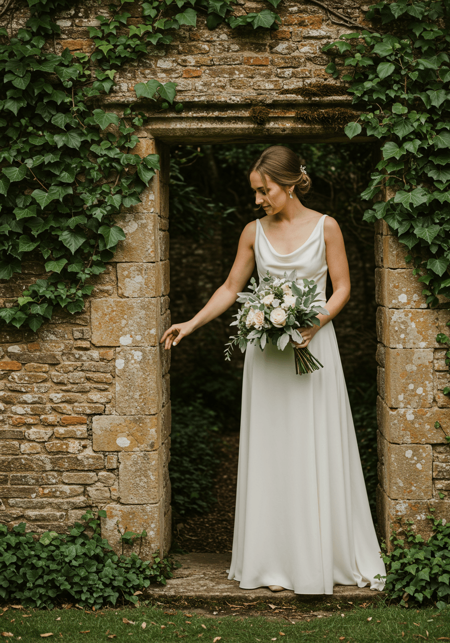 Elegant bridal portrait against weathered limestone and glossy ivy with sage green and cream bouquet