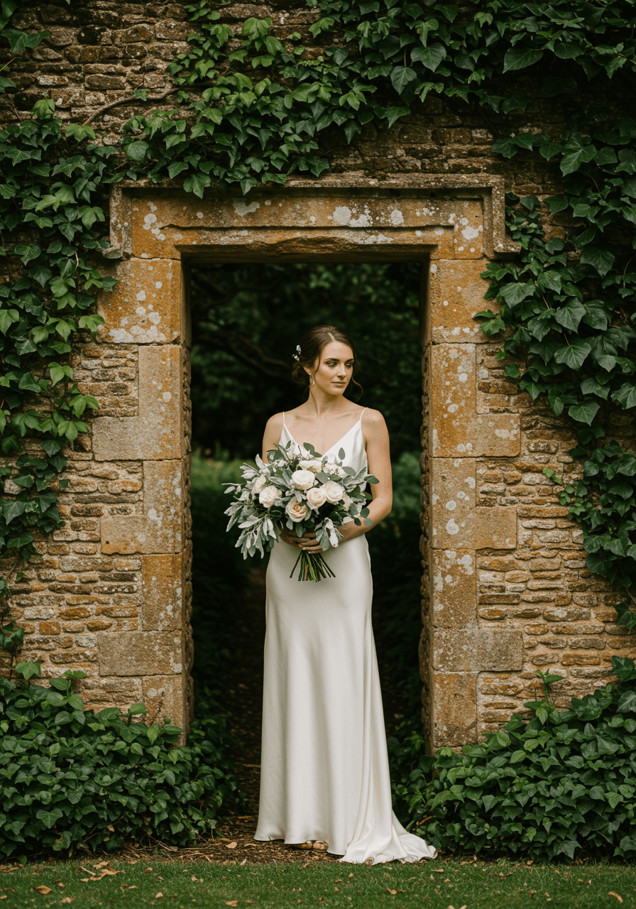 Bride in ivory silk holding cream roses and eucalyptus beside honey-coloured Cotswold stone wall with climbing ivy during afternoon