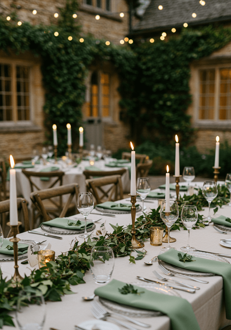 Wedding reception table in Cotswold stone courtyard with sage napkins, brass candlesticks, and ivy garlands during twilight hour
