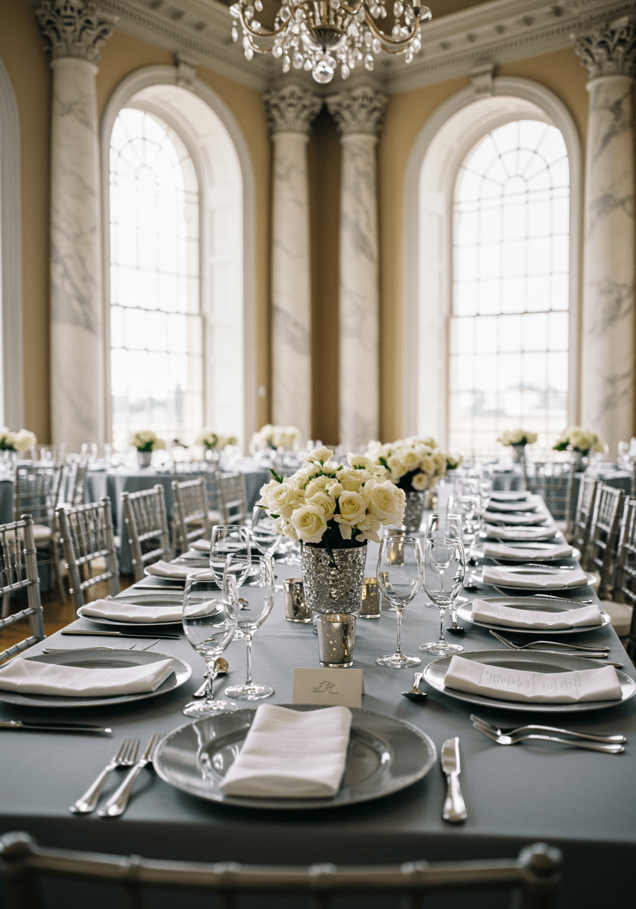 Detailed place setting with pewter runner, white garden roses, crystal glasses, and marble columns in background