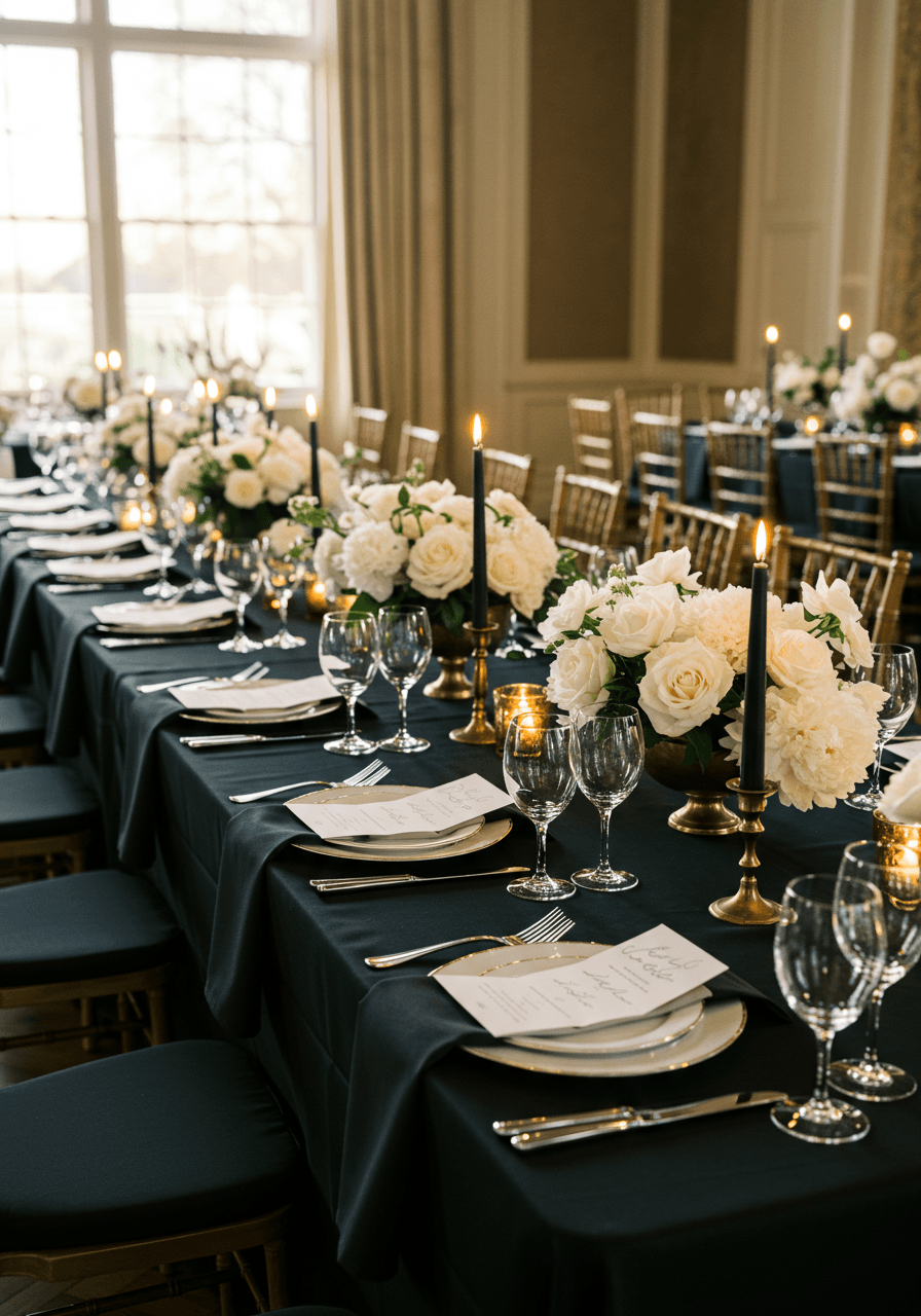 Elegant reception table with deep black linens, white peonies, fine bone china, and crystal stemware in upscale venue