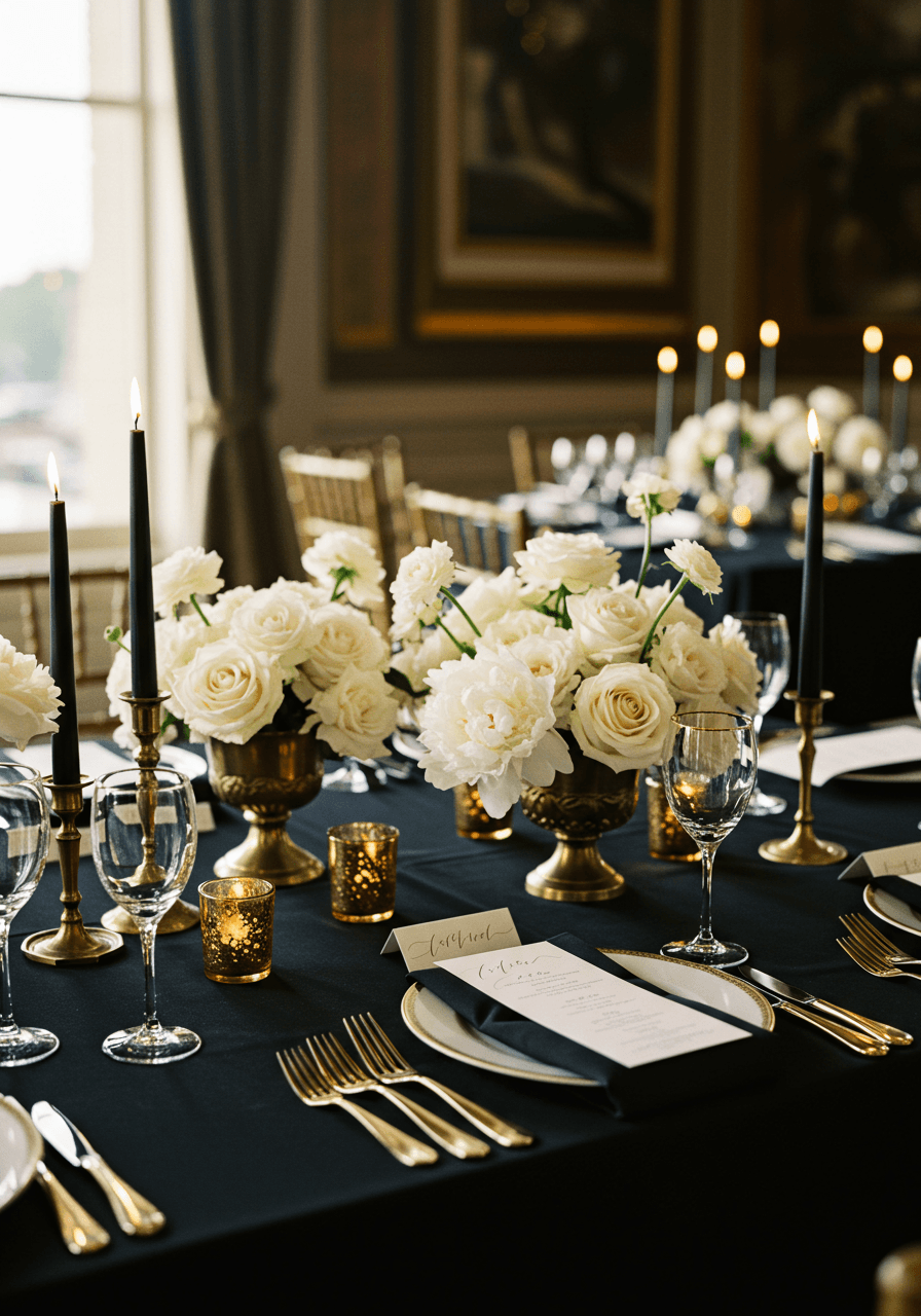 Luxurious wedding tablescape with black linens, alabaster white roses, gold-rimmed crystal, and brass candleholders at golden hour