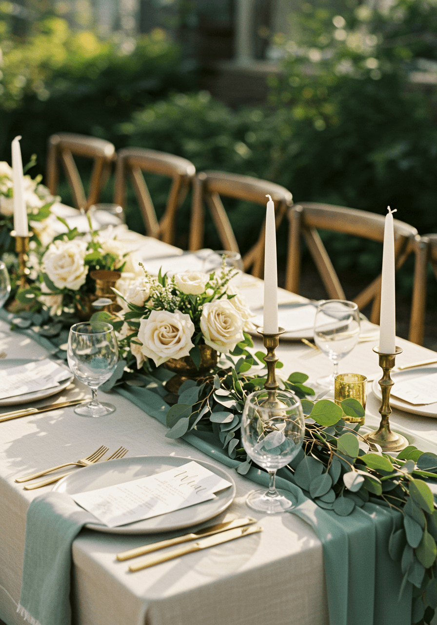 Outdoor botanical wedding table with sage runners, parchment linens, eucalyptus, and white ranunculus at golden hour