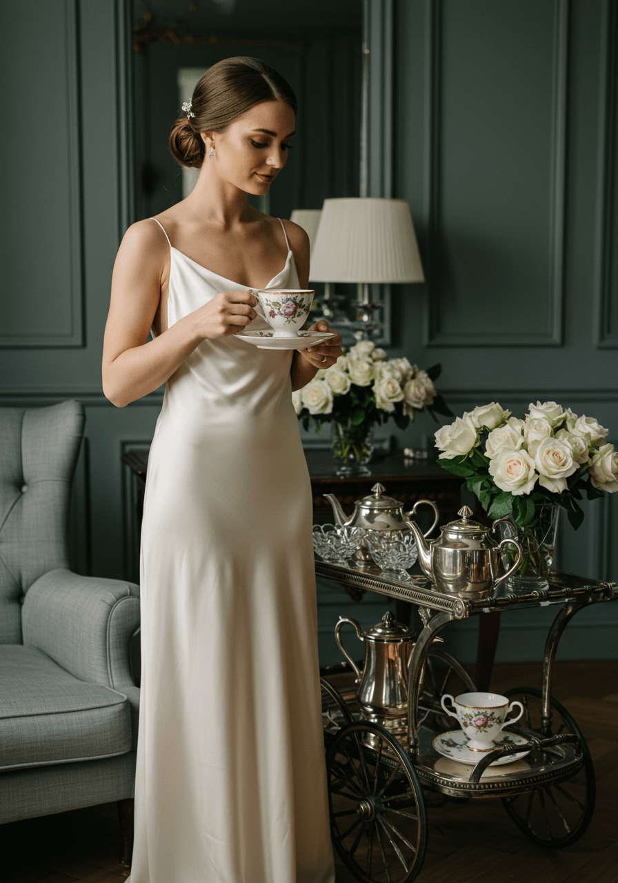 Bride in cream silk gown holding bone china teacup beside vintage tea cart in luxurious drawing room during soft afternoon light