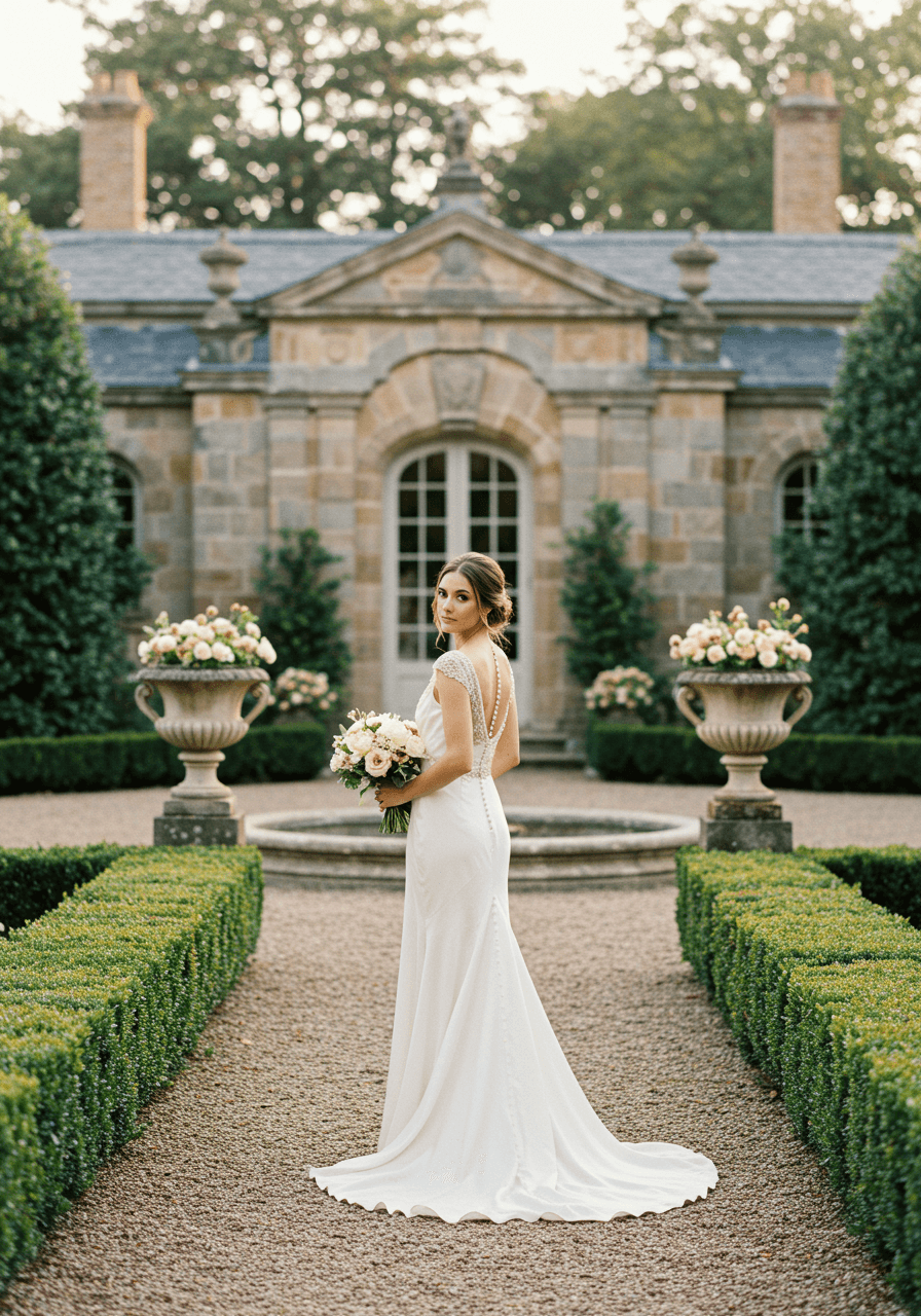 Bride in flowing ivory silk gown with antique gold beading standing beside classical stone fountain in manicured estate garden at golden hour