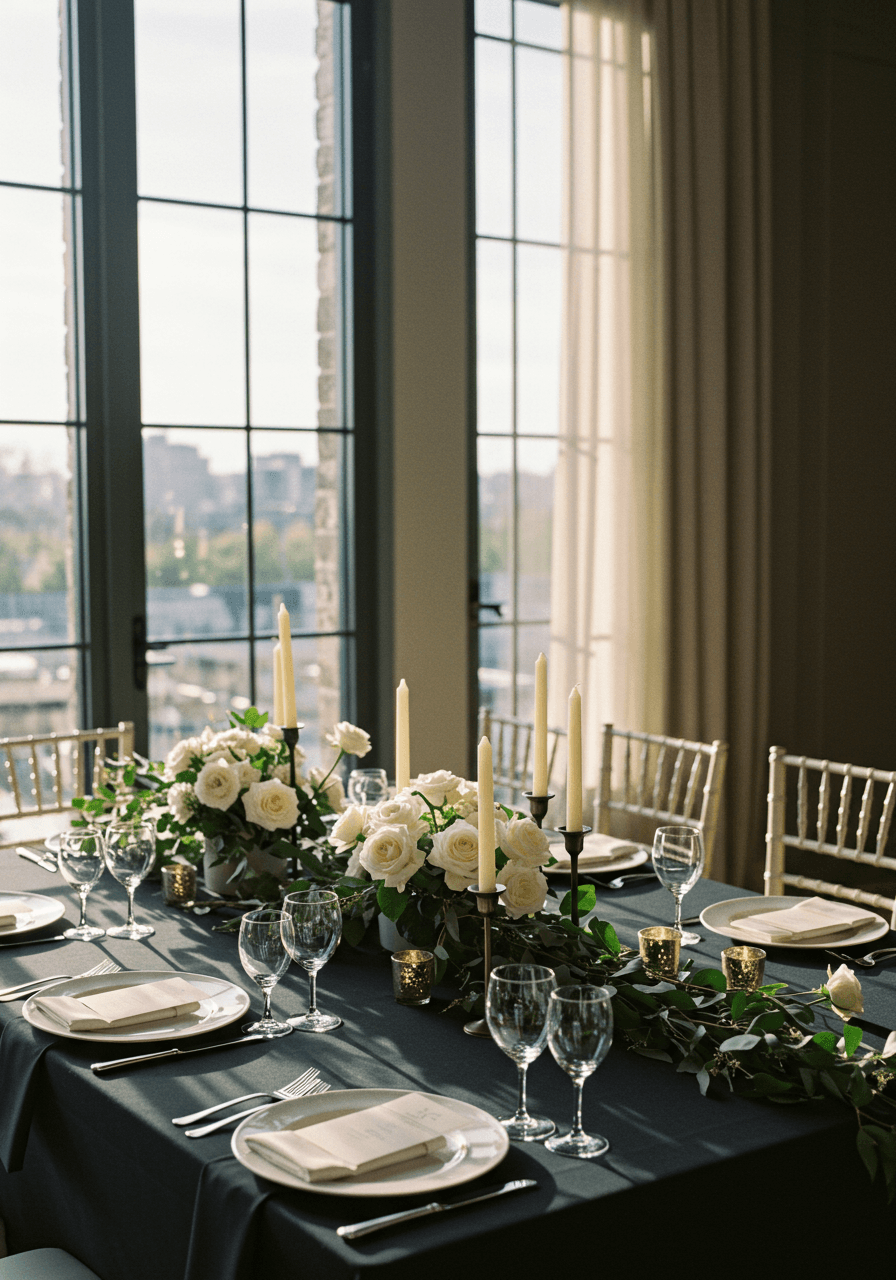Sophisticated place setting with black linens, creamy plates, crystal glassware, and ivory candles in refined dining room