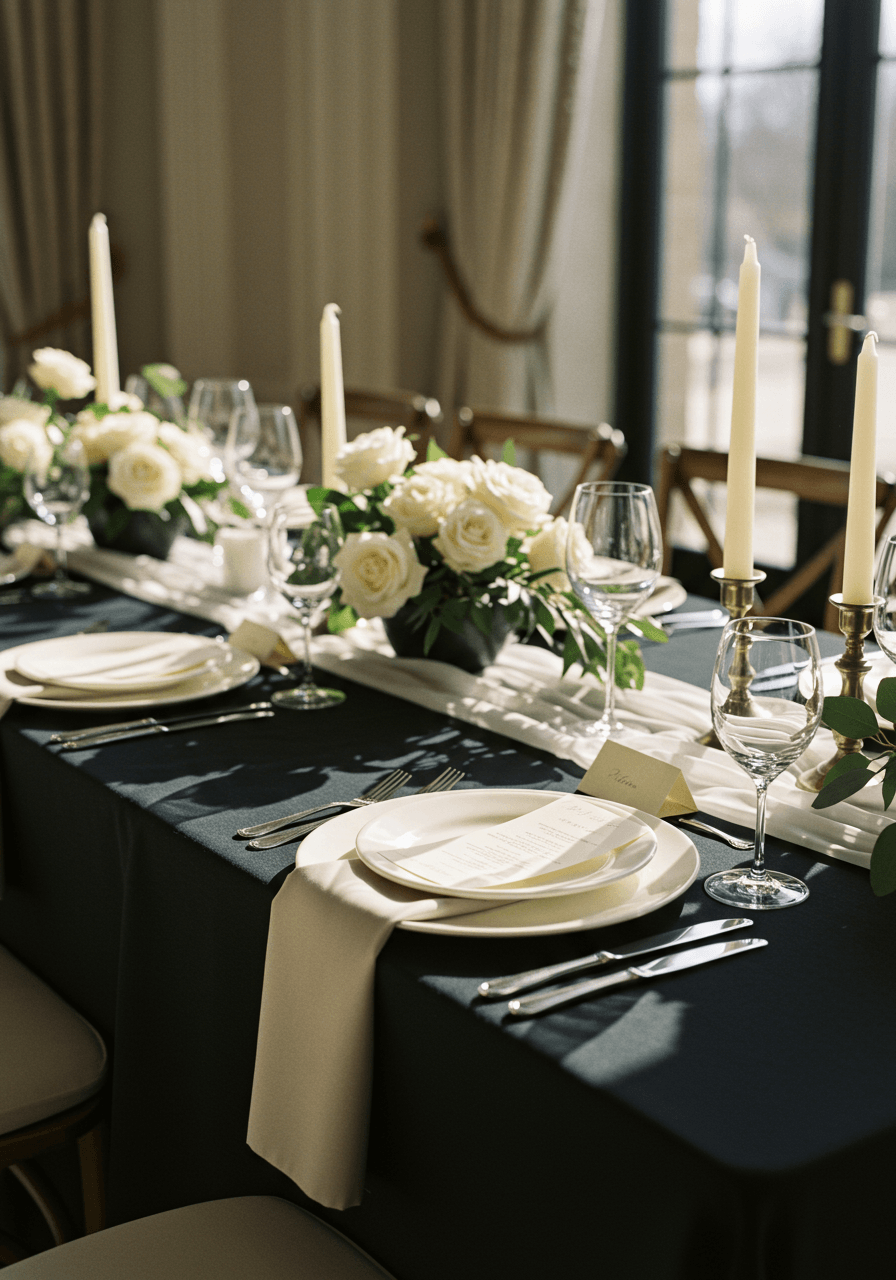 Black linen with alabaster china, white roses, eucalyptus, and silver cutlery on elegant dining table during afternoon