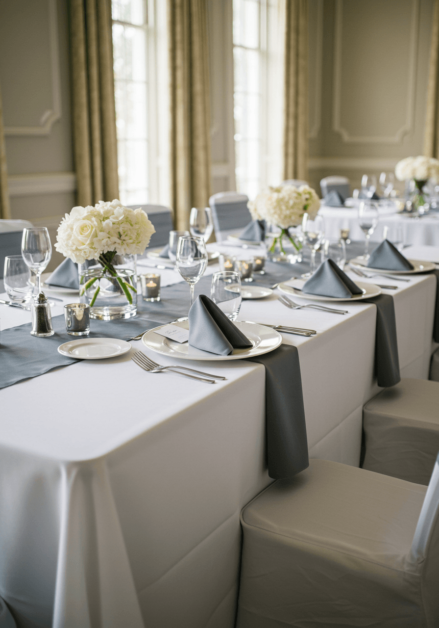 Formal reception tablescape with charcoal napkins, white china, crystal glasses, and silver accents in upscale venue