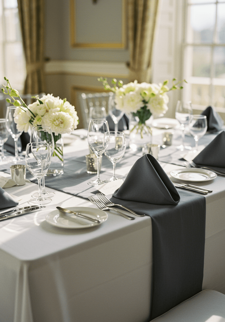 Wedding table with slate grey runner, crisp white linens, silver flatware, and white orchids in sophisticated ballroom during afternoon