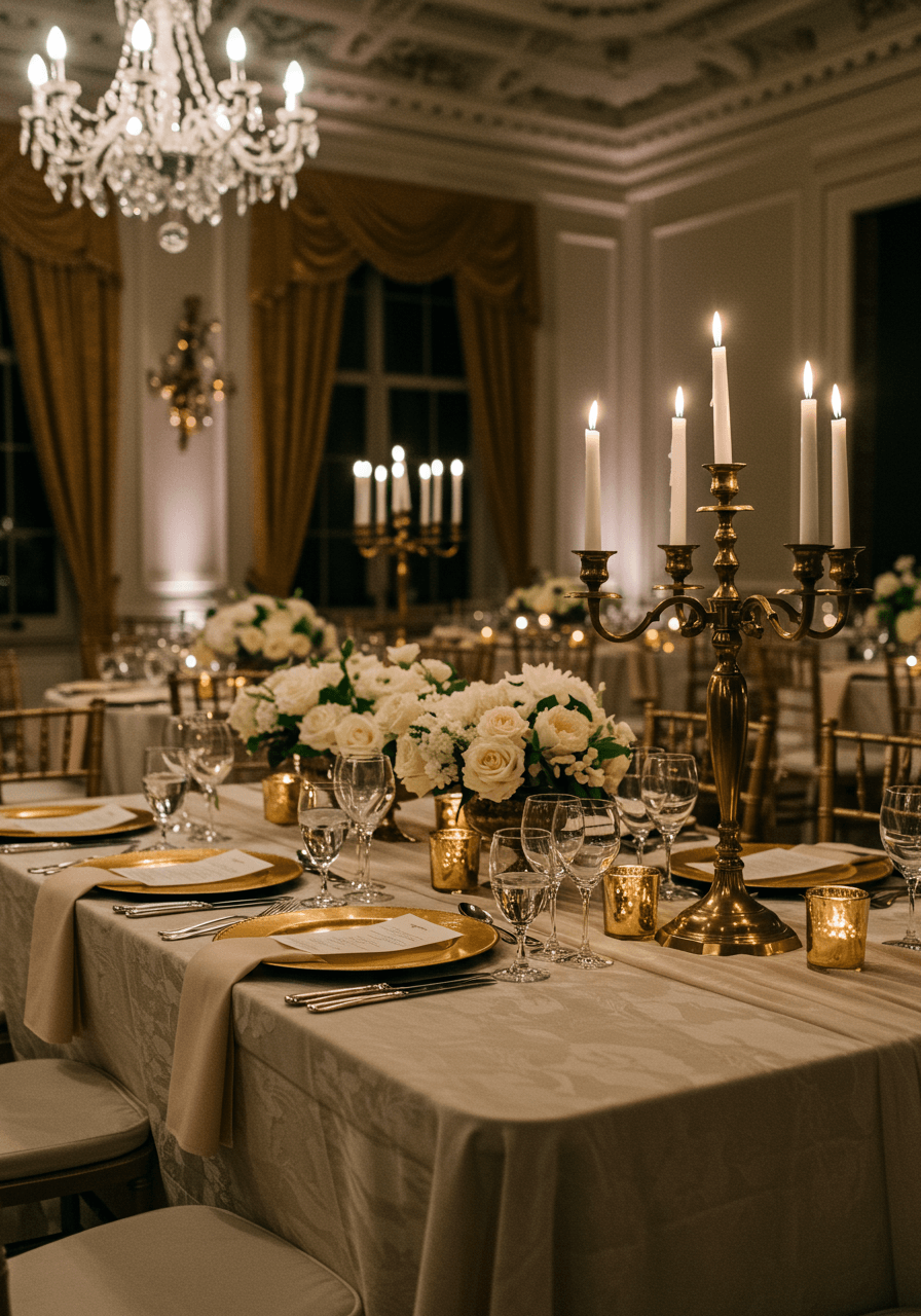 Wedding reception table with ivory linens, antique gold charger plates, and vintage brass candelabras in grand estate dining room at twilight