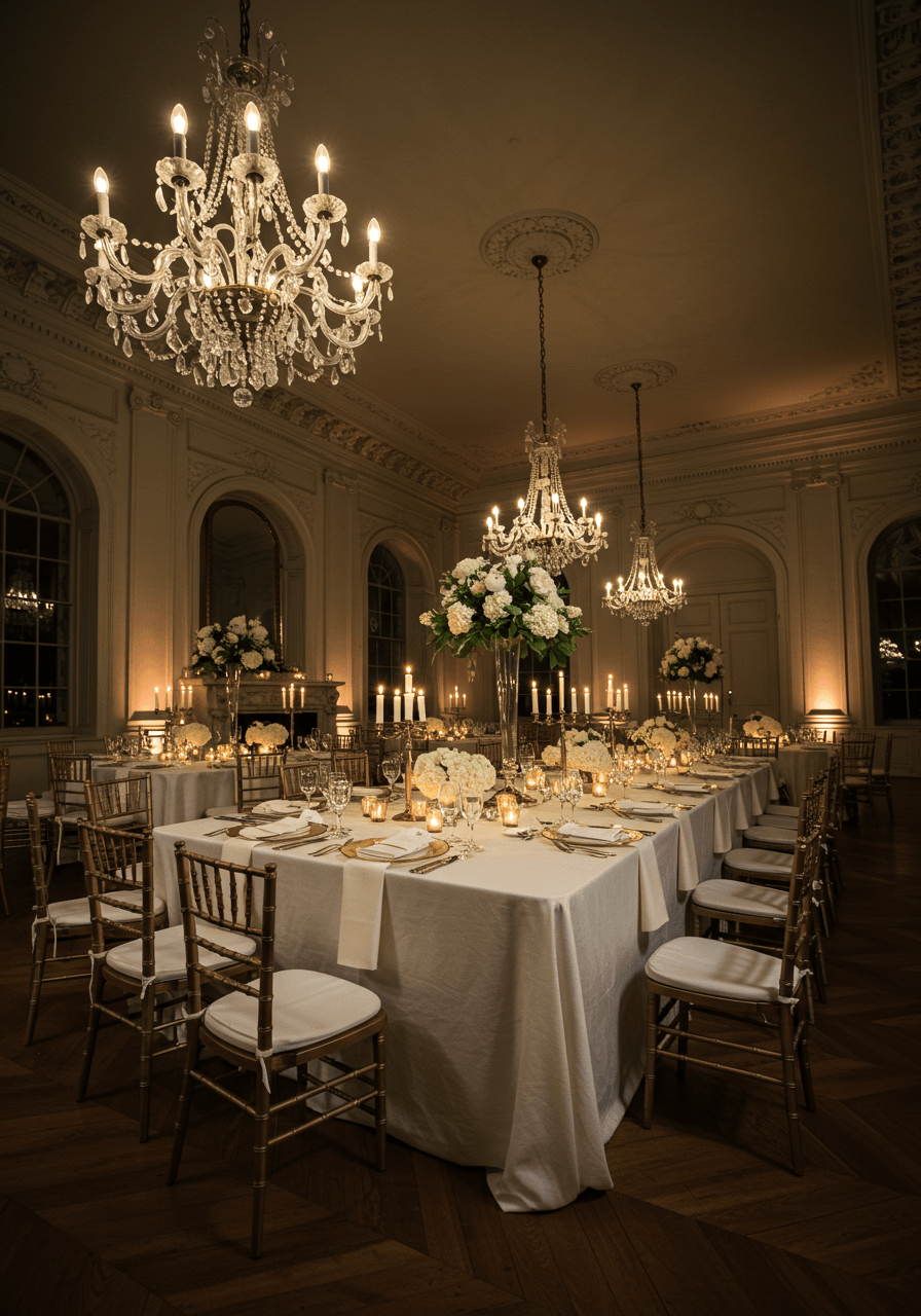Luxurious estate dining room with crystal chandeliers, ivory silk runners, and antique gold accents during evening