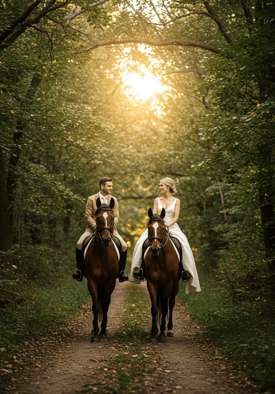 Bride and groom on horseback in cream and tan equestrian wedding attire riding through sun-dappled forest at golden hour