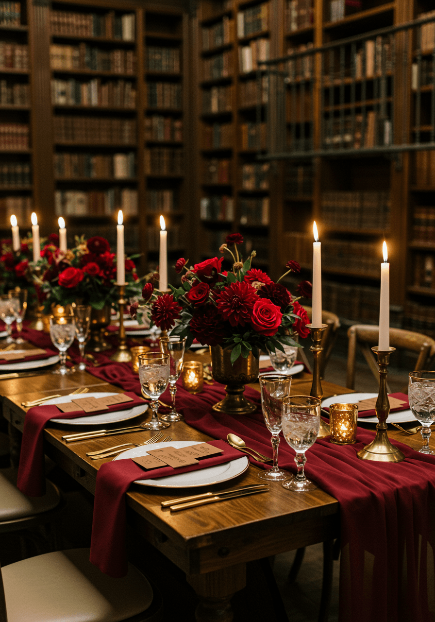Wedding reception table with burgundy runner, cognac leather menus, brass candlesticks, and burgundy florals in sophisticated library venue during evening