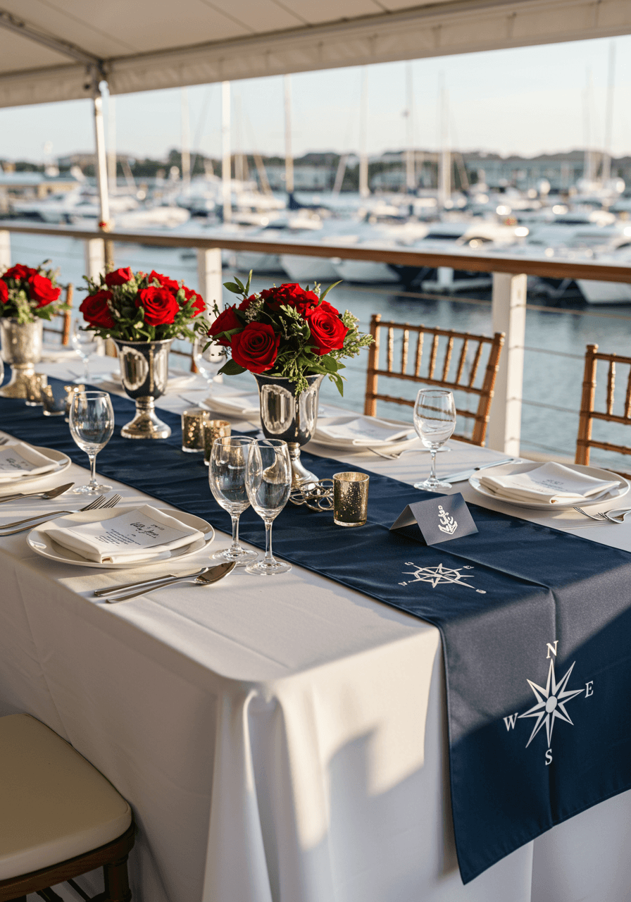 Elegant yacht club terrace table with navy runner, red roses, nautical brass details, and white linens overlooking marina during afternoon