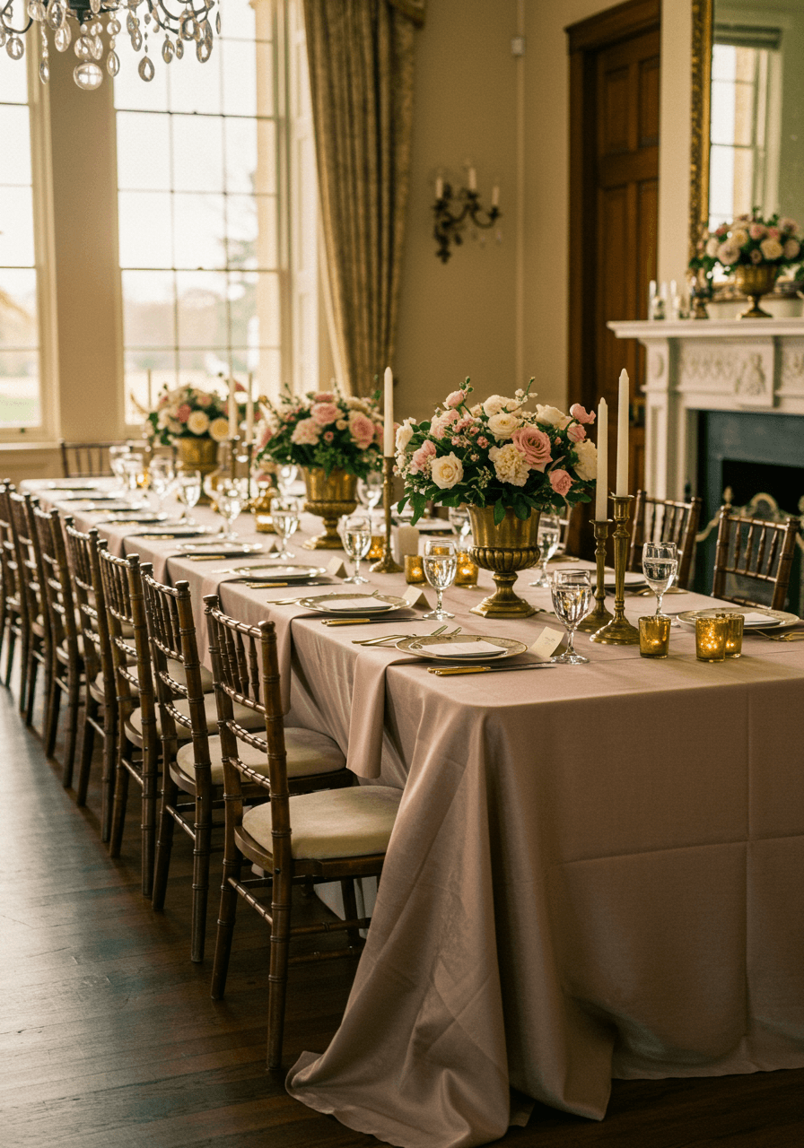 Luxurious estate dining table with rose and champagne colour palette, cream china, gold accents, and crystal in evening light