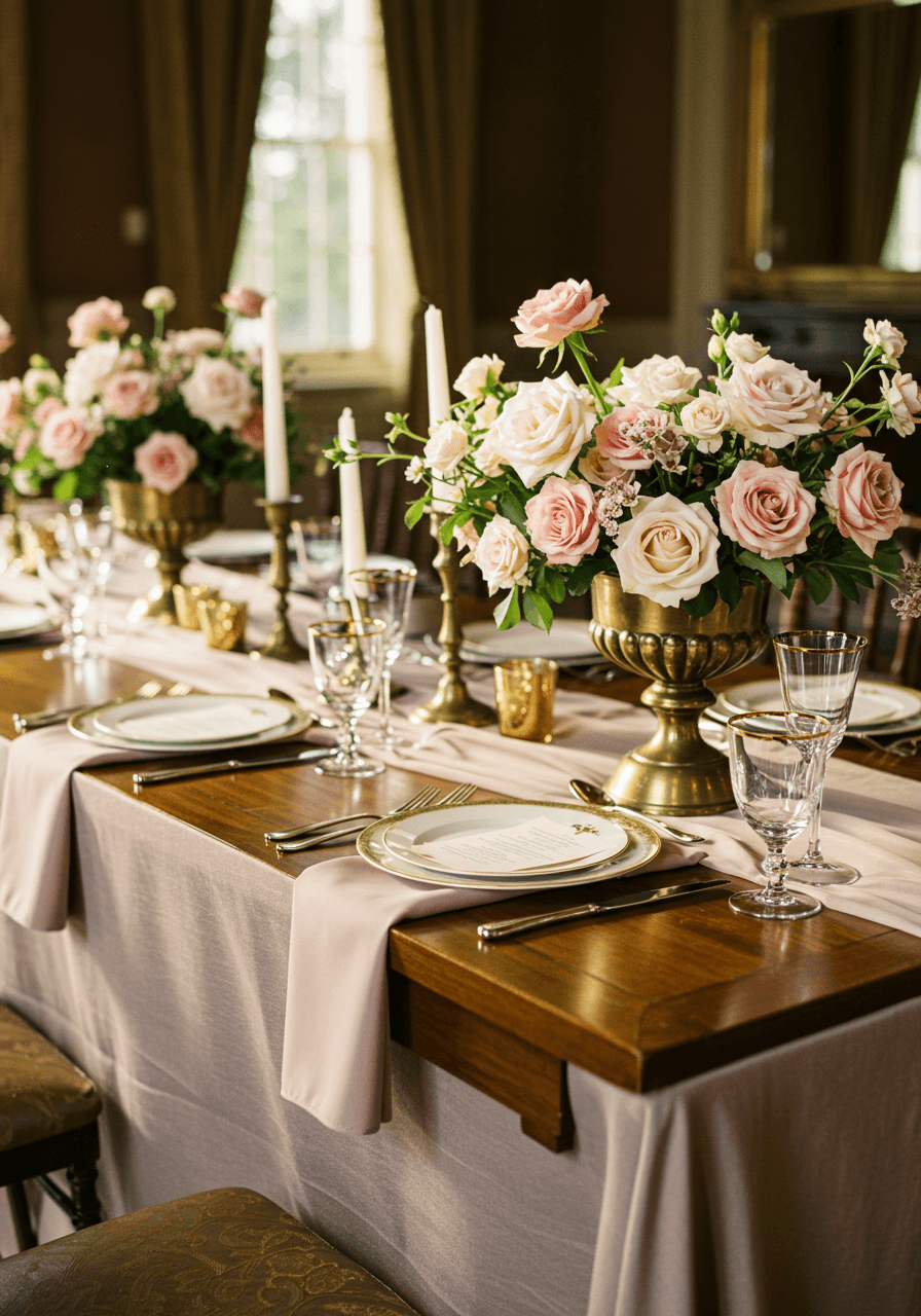 Vintage tablescape with dusty champagne linens, heirloom rose florals in antique gold vessels on mahogany table at golden hour