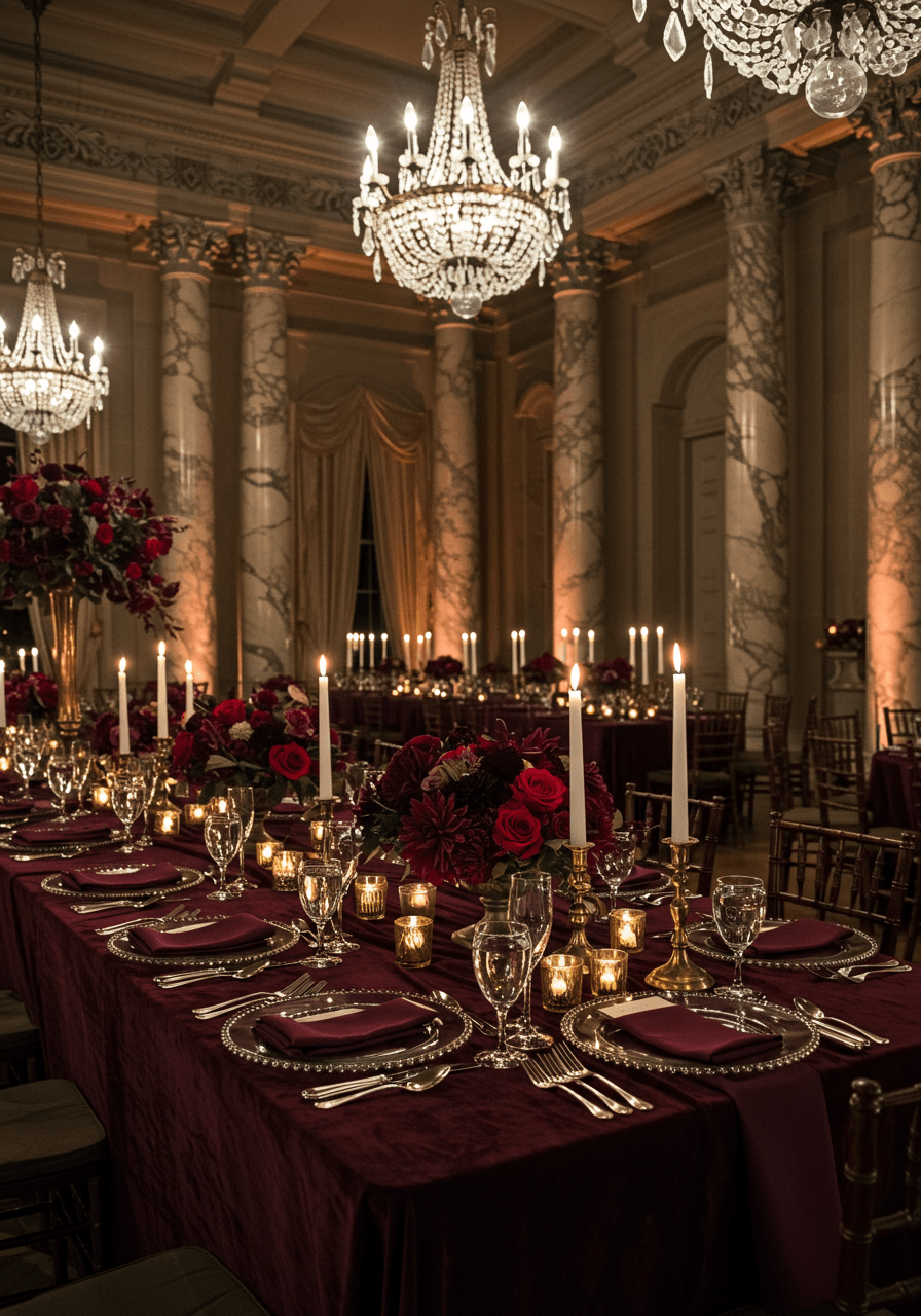 Elegant candlelit tablescape with royal plum napkins, bronze details, and moody florals in chandelier-lit room