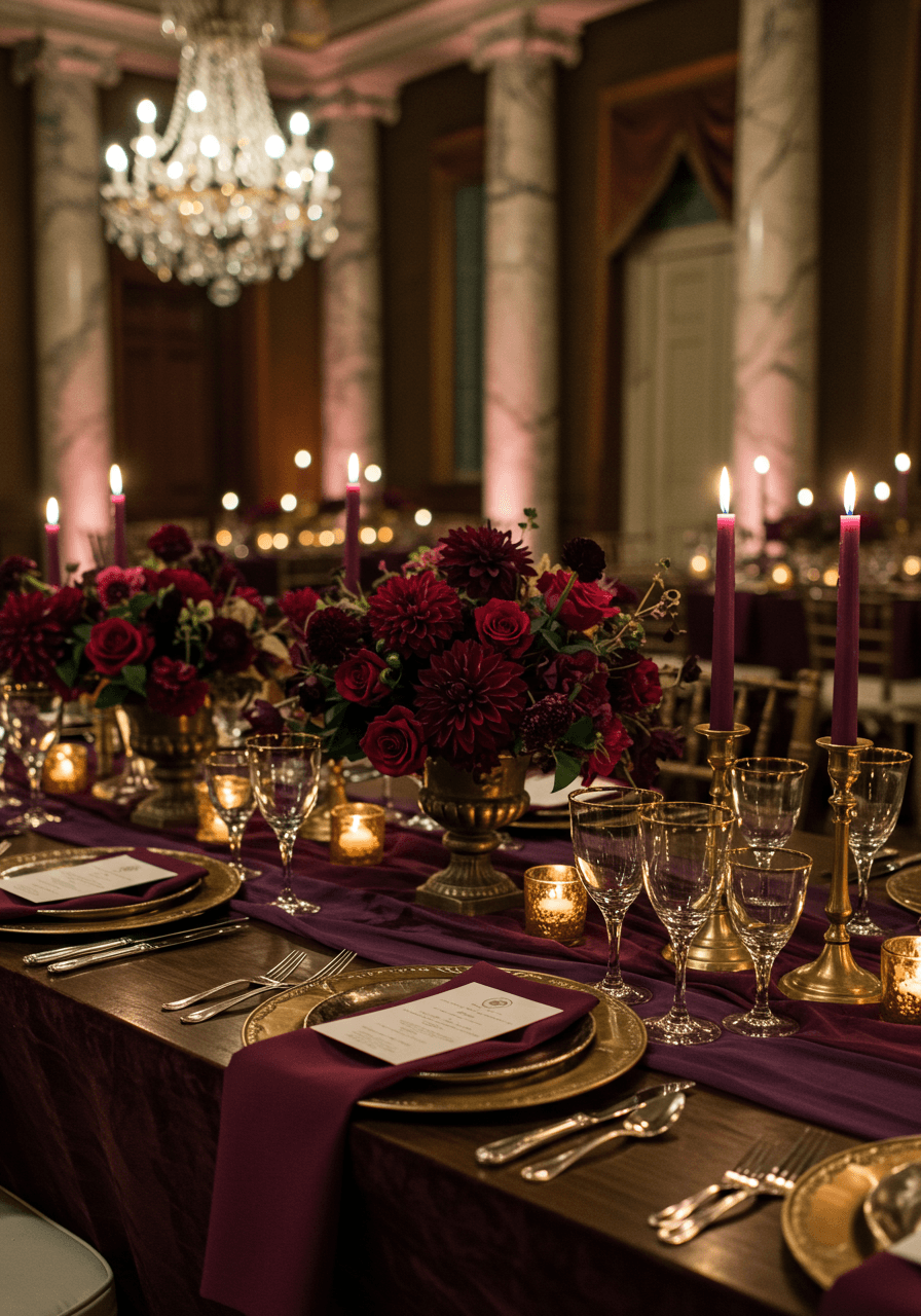 Deep plum velvet table linen with antique bronze charger plate, burgundy roses, and crystal stemware in estate dining room