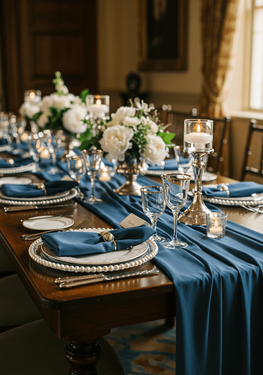 Luxurious place setting with deep blue napkin, lustrous pearl charger, crystal glassware, and white florals on mahogany table