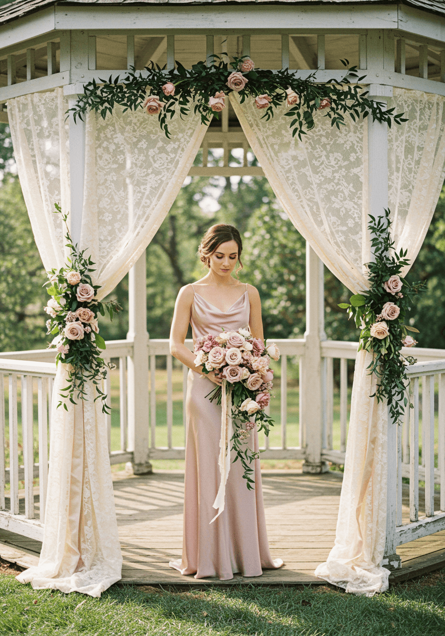 Bride in heirloom rose silk gown holding dusty pink and champagne bouquet in elegant garden gazebo with vintage lace in afternoon light