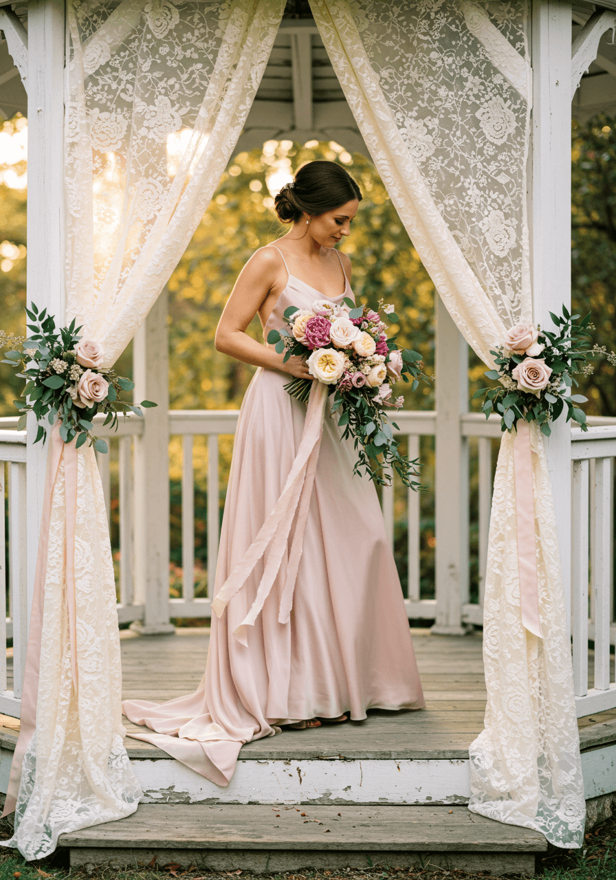 Romantic bridal portrait in flowing rose-coloured dress with cascading bouquet in lace-draped gazebo at golden hour