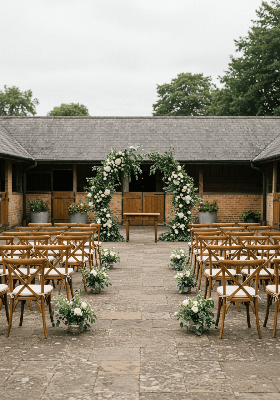 Outdoor wedding ceremony with wooden cross-back chairs, floral arch, and equestrian estate courtyard during overcast afternoon