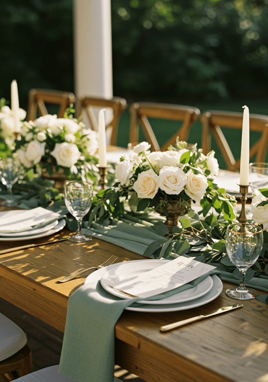 Wedding tablescape with sage green runner, parchment plates, botanical eucalyptus garlands, and cream roses in garden pavilion at golden hour