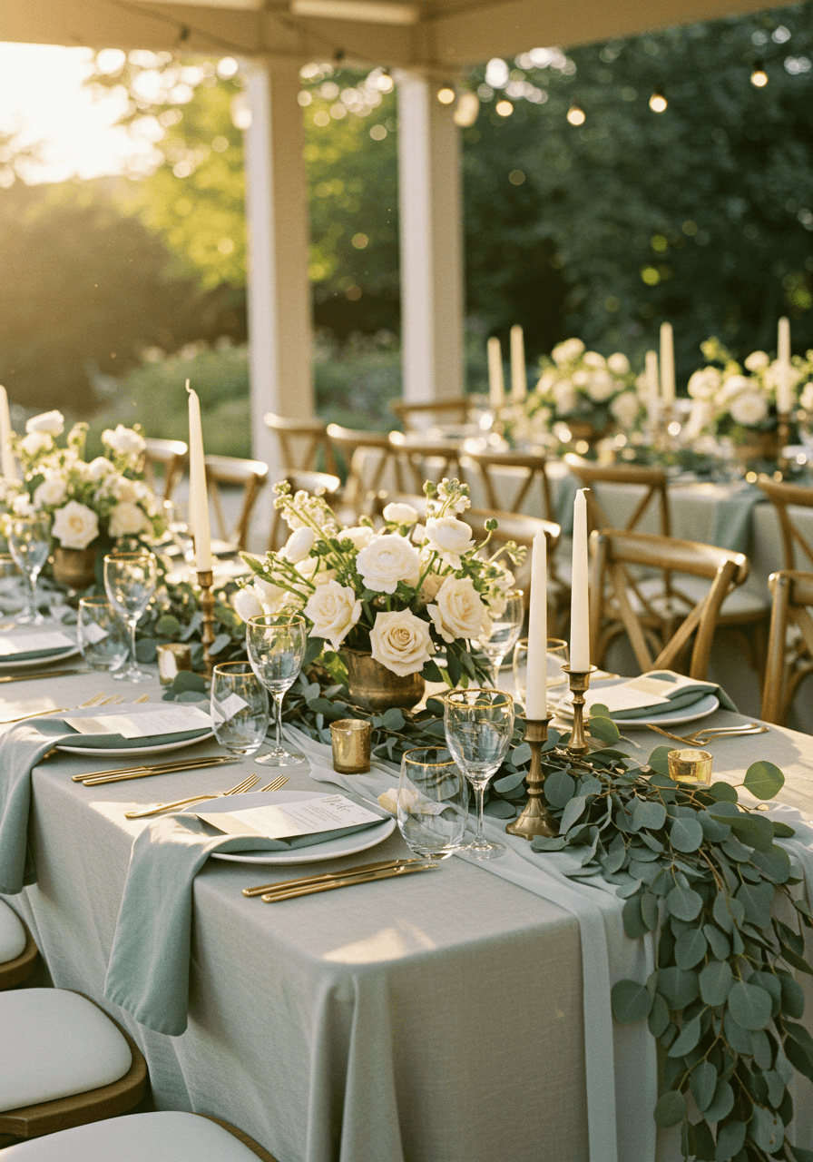 Elegant place setting with sage linen, neutral ceramics, gold-rimmed glasses, and botanical details during afternoon
