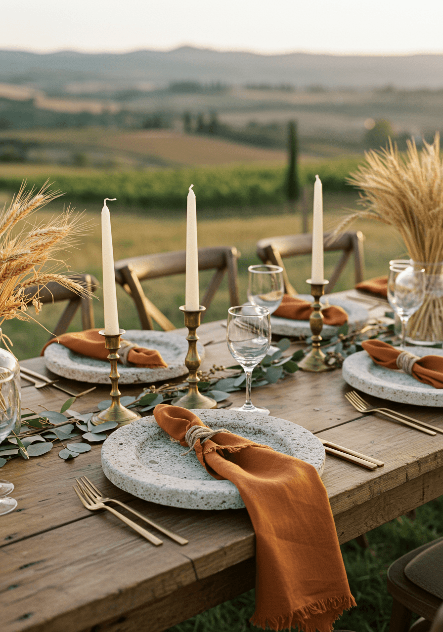 Rustic elegant wedding tablescape with weathered stone chargers, terracotta napkins, brass candlesticks, and wheat bundles on farm table in Tuscan vineyard at golden hour