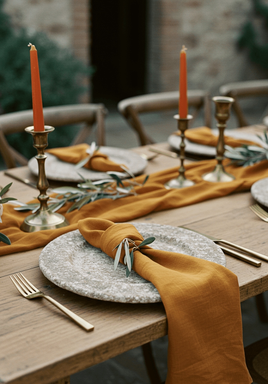 Terracotta linen napkin on weathered limestone charger with brass candle holder and olive branches on wooden table