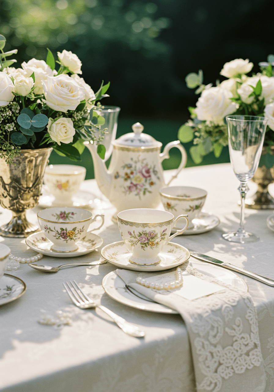 Vintage bone china tea service with cream roses and lace napkins on outdoor garden table during soft afternoon light