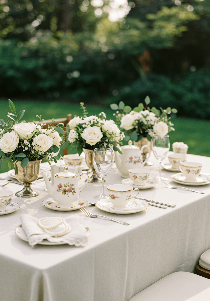 Elegant outdoor wedding tea setting with antique silver service, delicate floral china, and white roses in garden