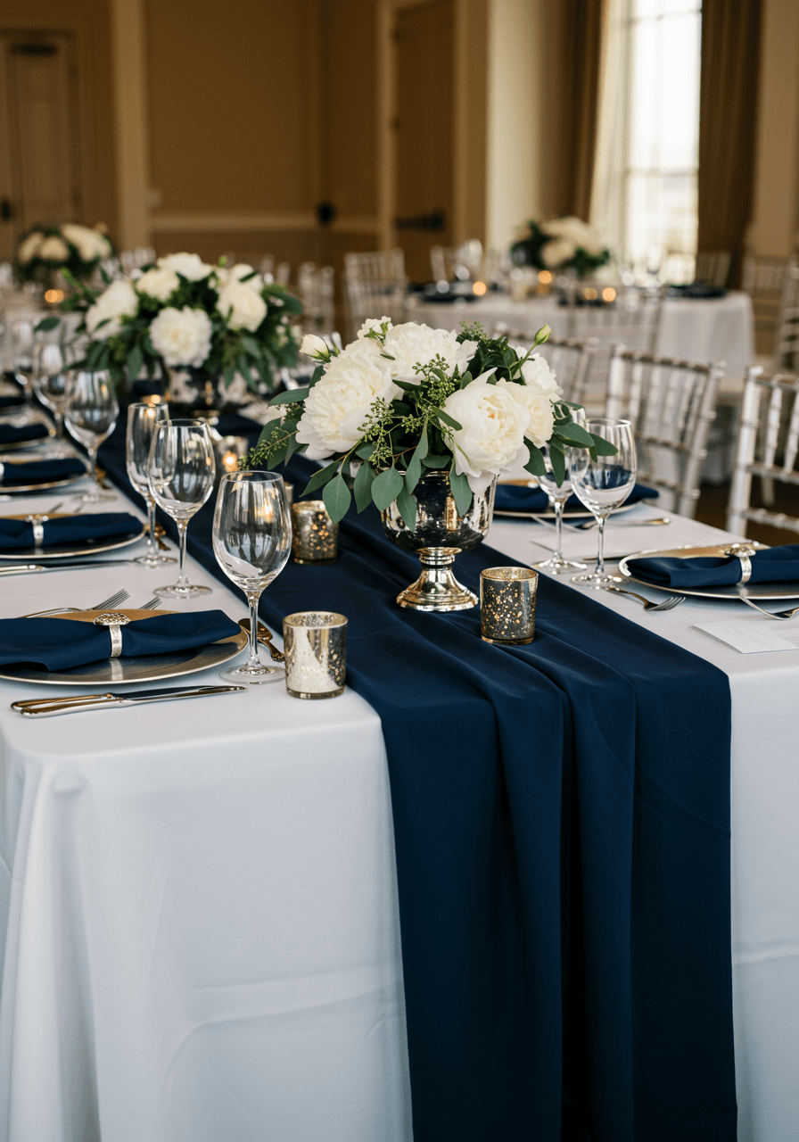 Elegant place setting with navy napkin, silver flatware, and white china on marble table at twilight