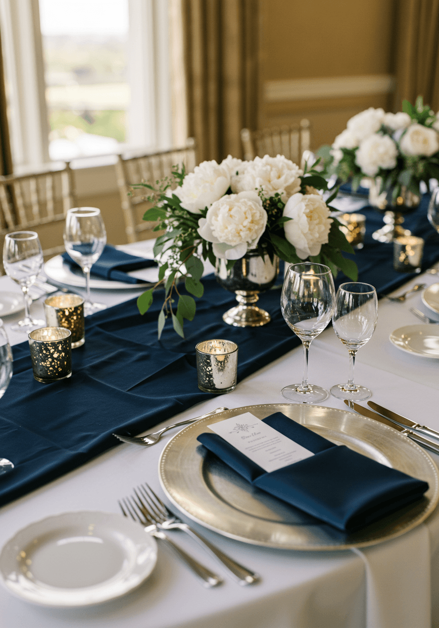 Reception table with midnight navy runner, polished silver chargers, white peonies, and crystal glasses in upscale ballroom at golden hour