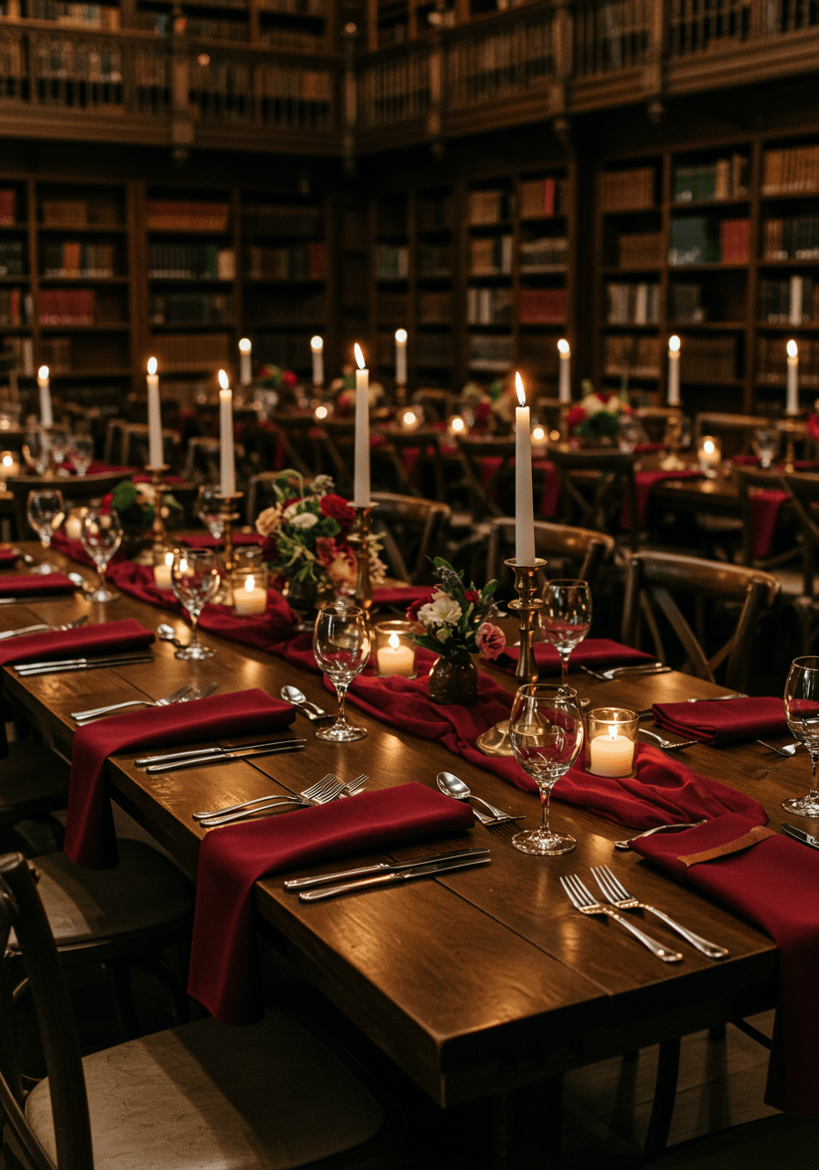 Library wedding table setting with burgundy linens, leather details, and candlelight