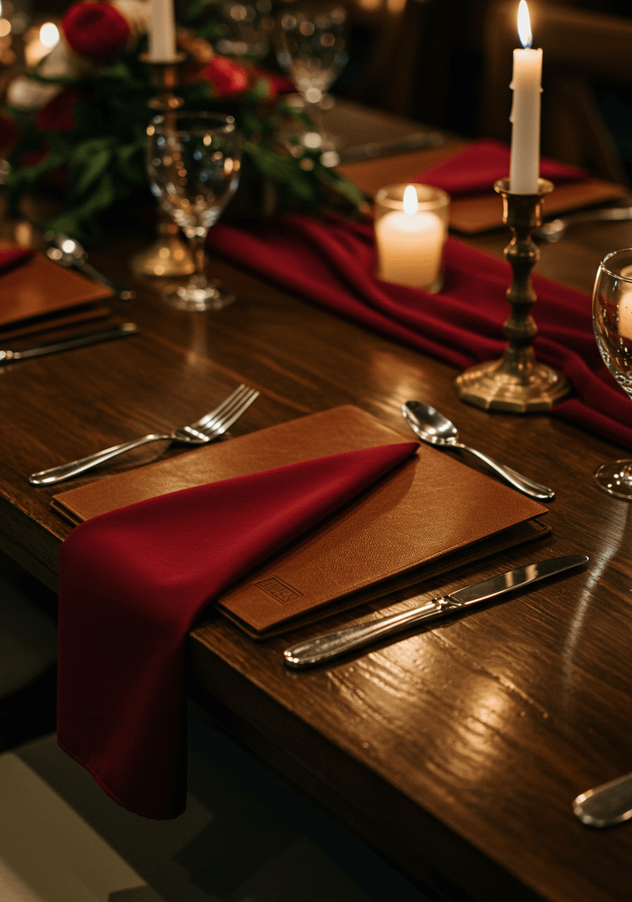 Overhead detail of burgundy napkin with cognac leather menu on dark mahogany table with brass candlesticks in evening light