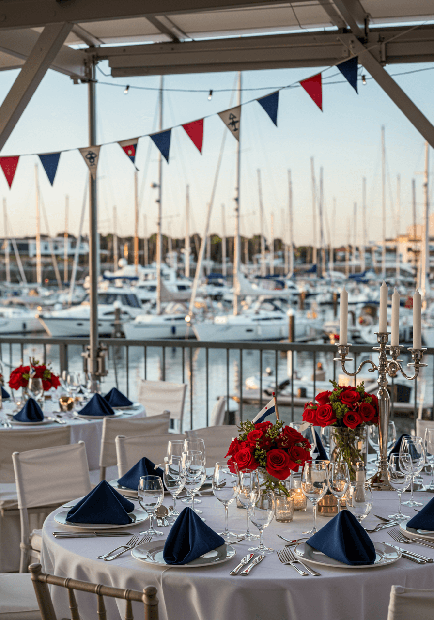 Nautical wedding tablescape with red white navy colour scheme, brass accents, and yacht club pennants on waterfront terrace