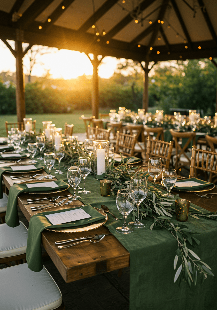 Elegant wedding tablescape with olive green suede runners and brushed gold charger plates in outdoor garden pavilion at golden hour
