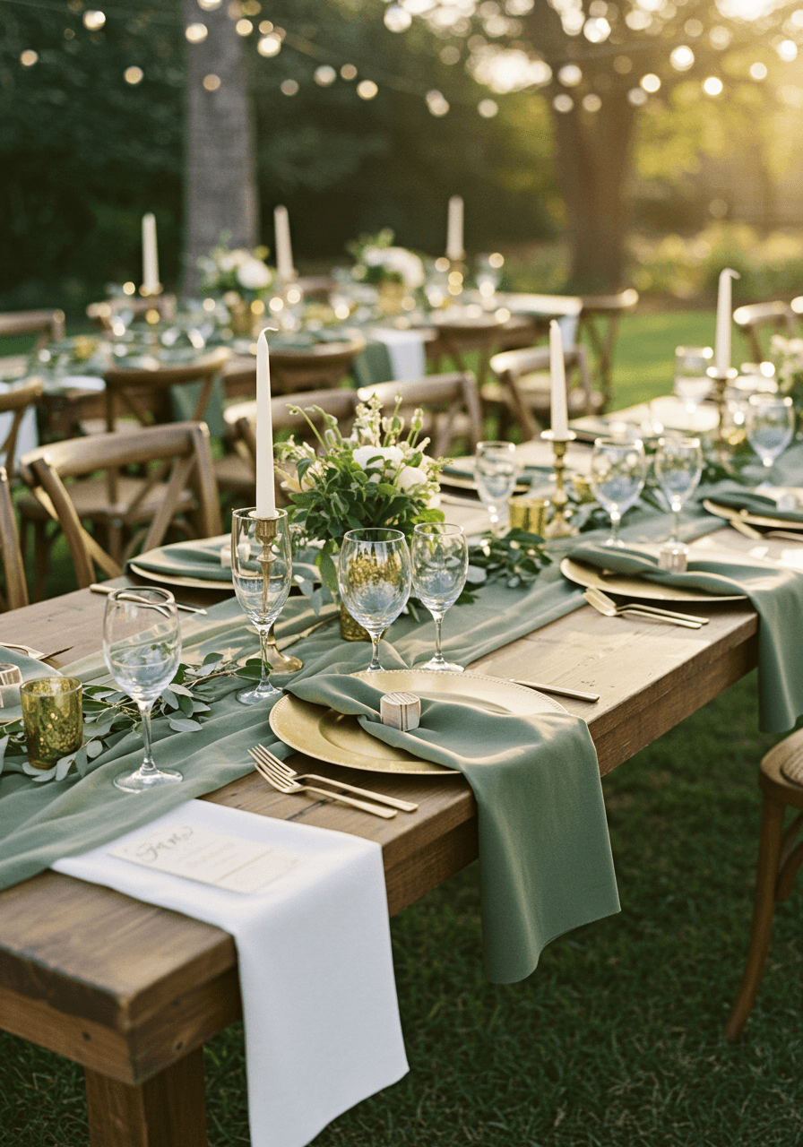 Full table setting with olive green suede runners, brushed gold chargers, white china and eucalyptus centerpiece at outdoor reception
