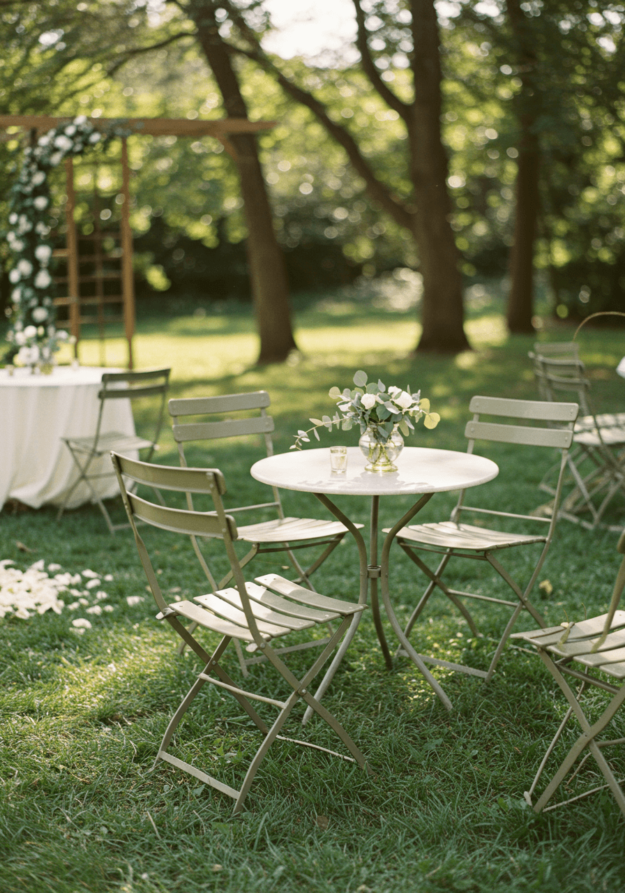 Elevated view of olive green metal bistro chairs around small table with white linens and eucalyptus in garden ceremony space