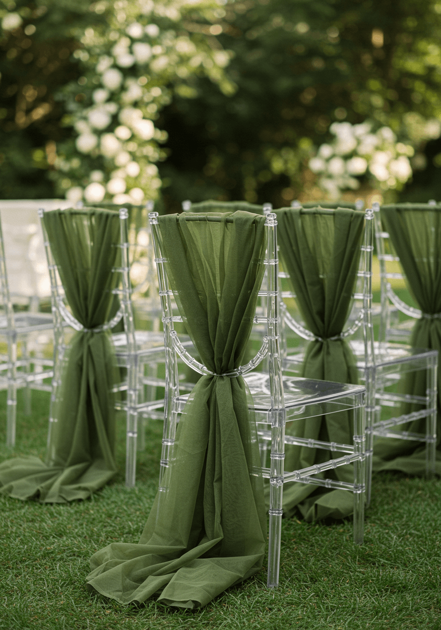 Wide shot of ghost chairs with flowing olive green tulle draped over transparent frames in outdoor garden ceremony rows during afternoon