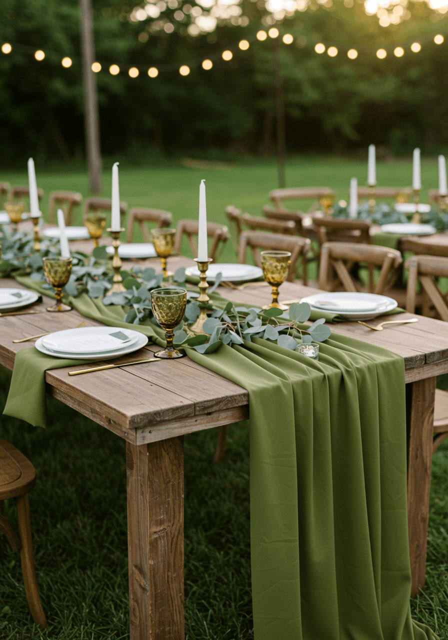 Wide view of olive green silk runners on farmhouse table with white ceramic plates and eucalyptus garland at golden hour