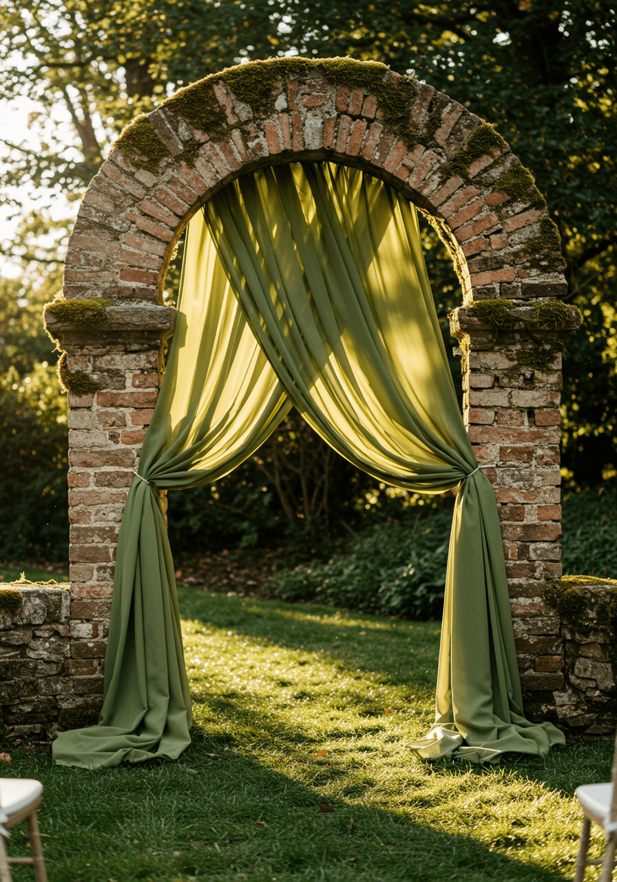 High angle view of rustic stone arch draped with cascading olive green chiffon in garden ceremony space at golden hour