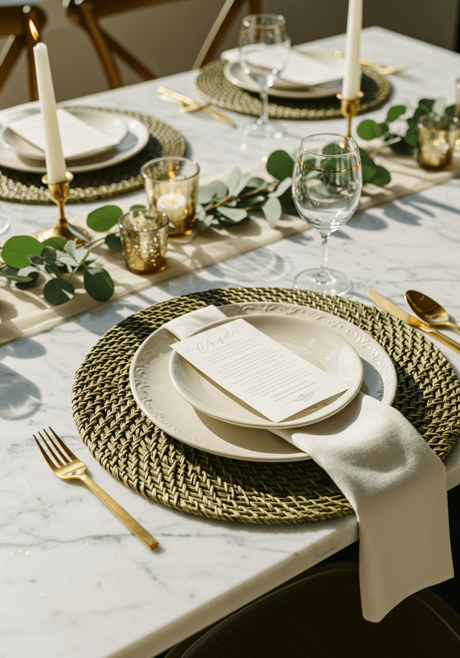 Overhead perspective of olive green woven placemats arranged on marble table with elegant place settings and natural accents in afternoon light