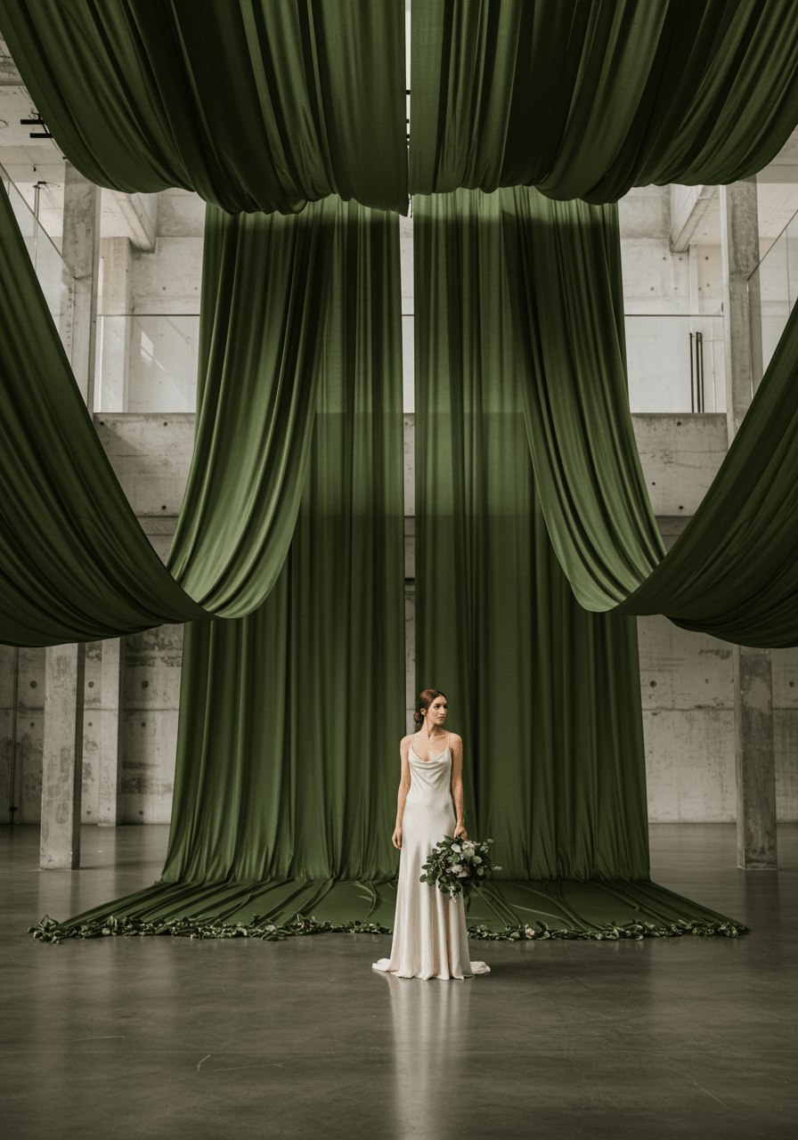 High angle view of bride positioned near towering olive fabric panels with minimalist concrete walls and polished floors in contemporary space