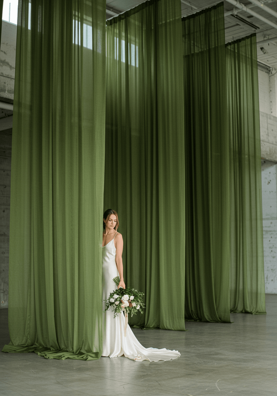 Bride in ivory silk dress standing beside tall cascading olive green fabric panels in modern indoor venue with soft daylight