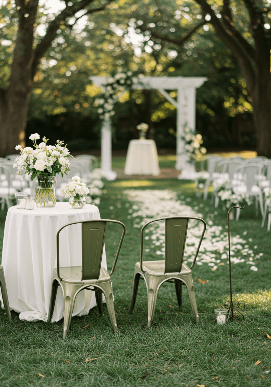 Eye-level view of olive green bistro chairs positioned at ceremony table with white wooden arch and guest seating at golden hour
