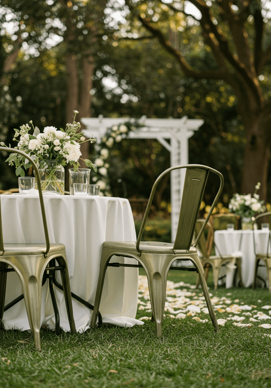 Low angle perspective of minimalist olive metal bistro chairs in garden ceremony with natural stone pathway and vintage brass details