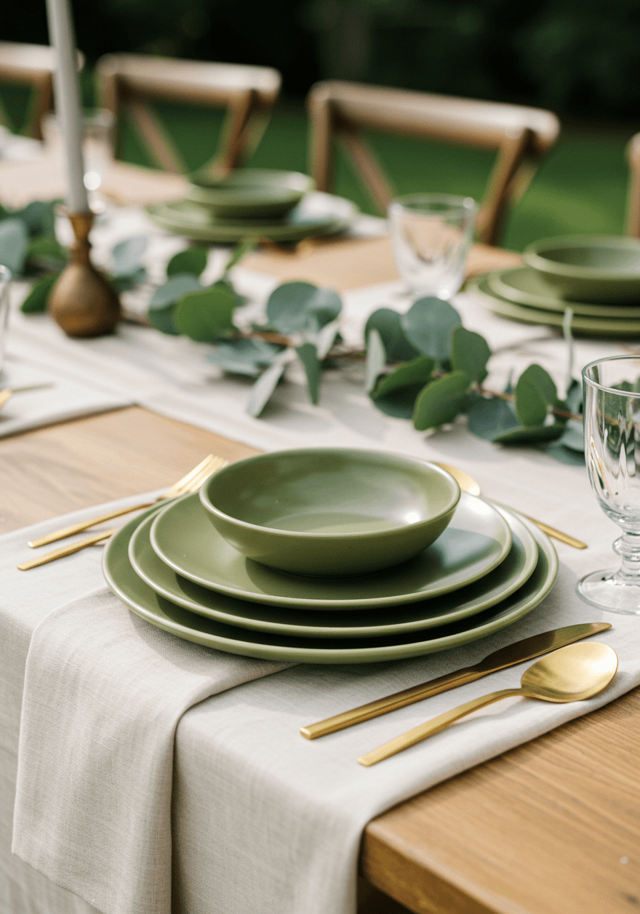 Ground level view of olive green matte ceramic dinnerware on neutral linens at garden reception