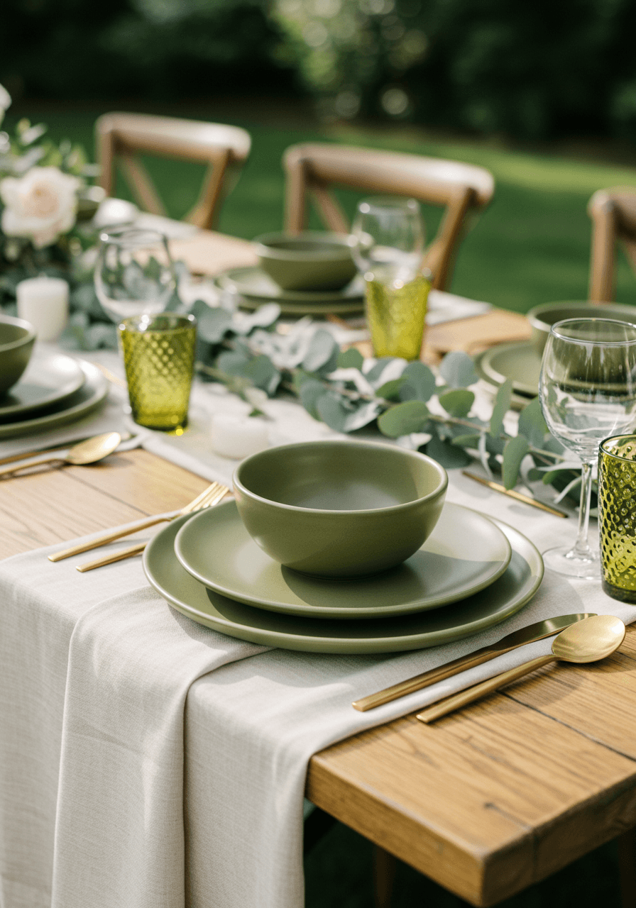 Matte olive green ceramic plates and bowls on cream linen with gold flatware and eucalyptus in afternoon light